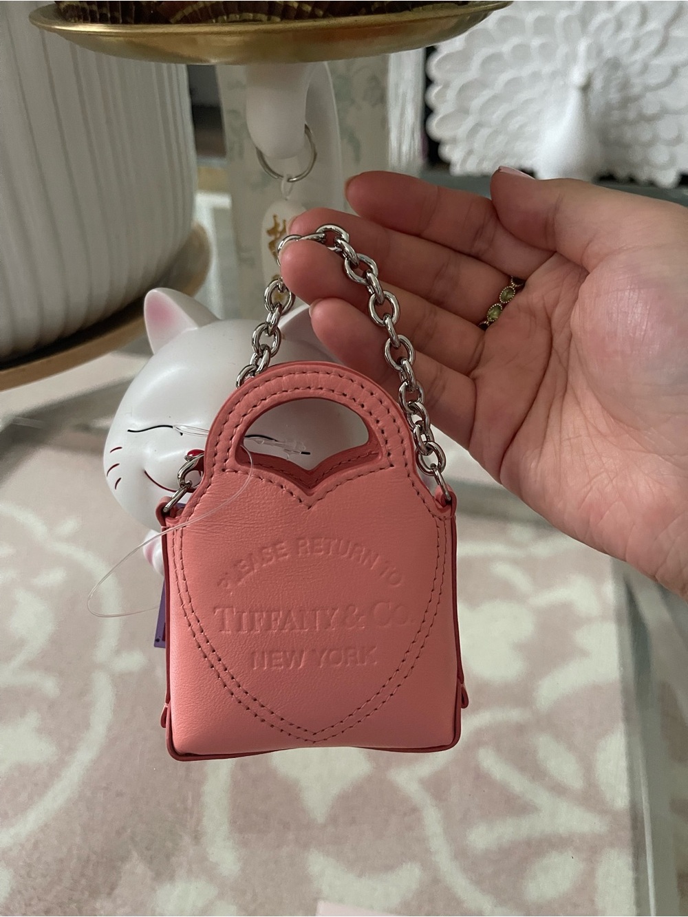 NWT Tiffany & Co. Coral Pink Mini Leather Charm with Silver Chain